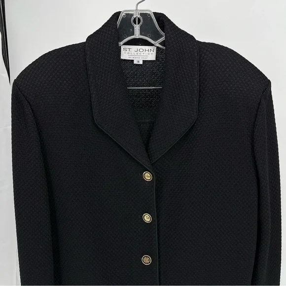St. John Collection Santana Knit Blazer Suit Set Size 14 Black Gold Buttons - Picture 3 of 11